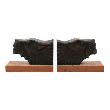 Art Deco wooden bookends with feline heads