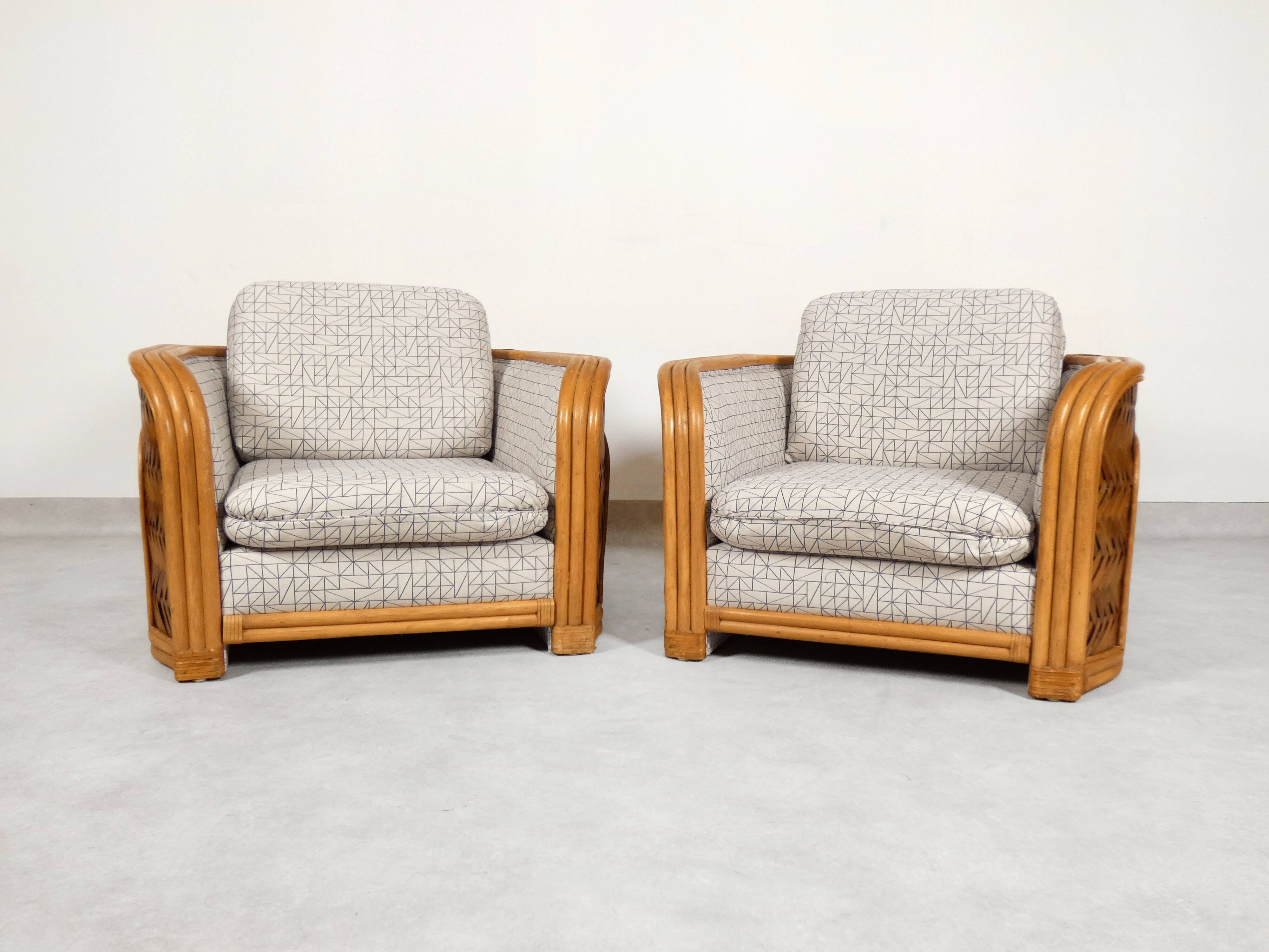 Set of 2 bamboo and rattan fauteuils with graphic fabric