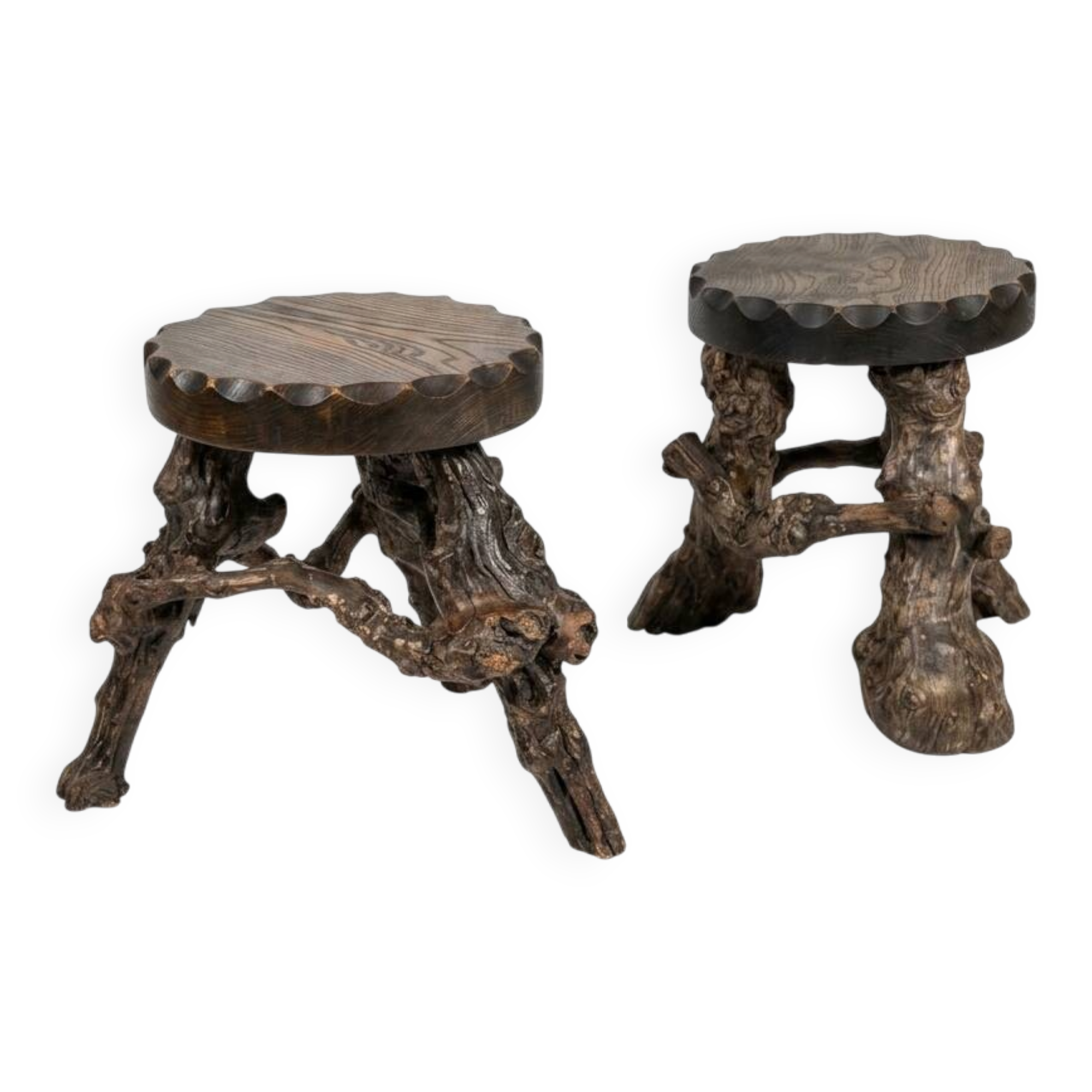 Pair of tripod stools with vine legs, oak top.