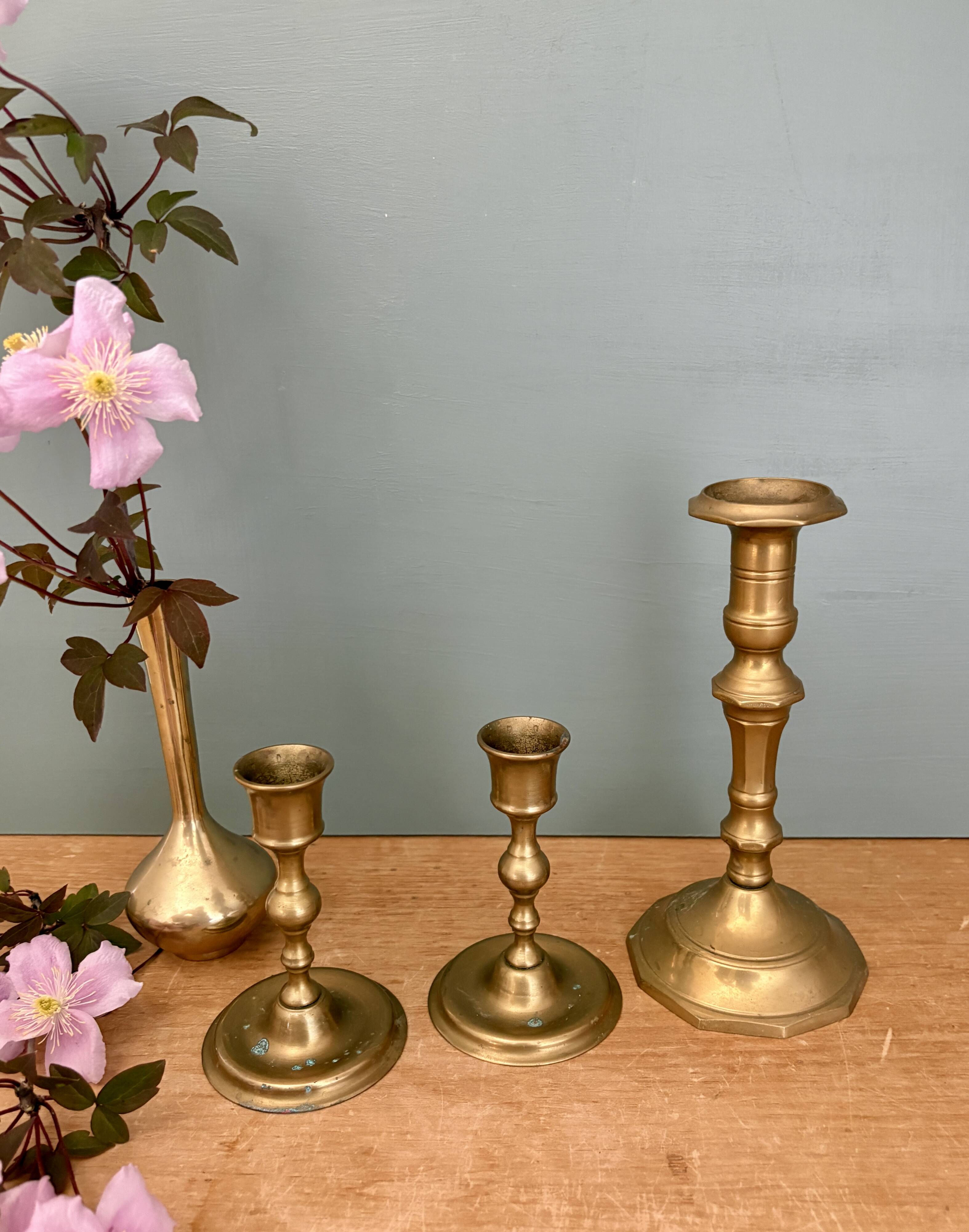 Set of 3 antique brass candle holders/candelabra.