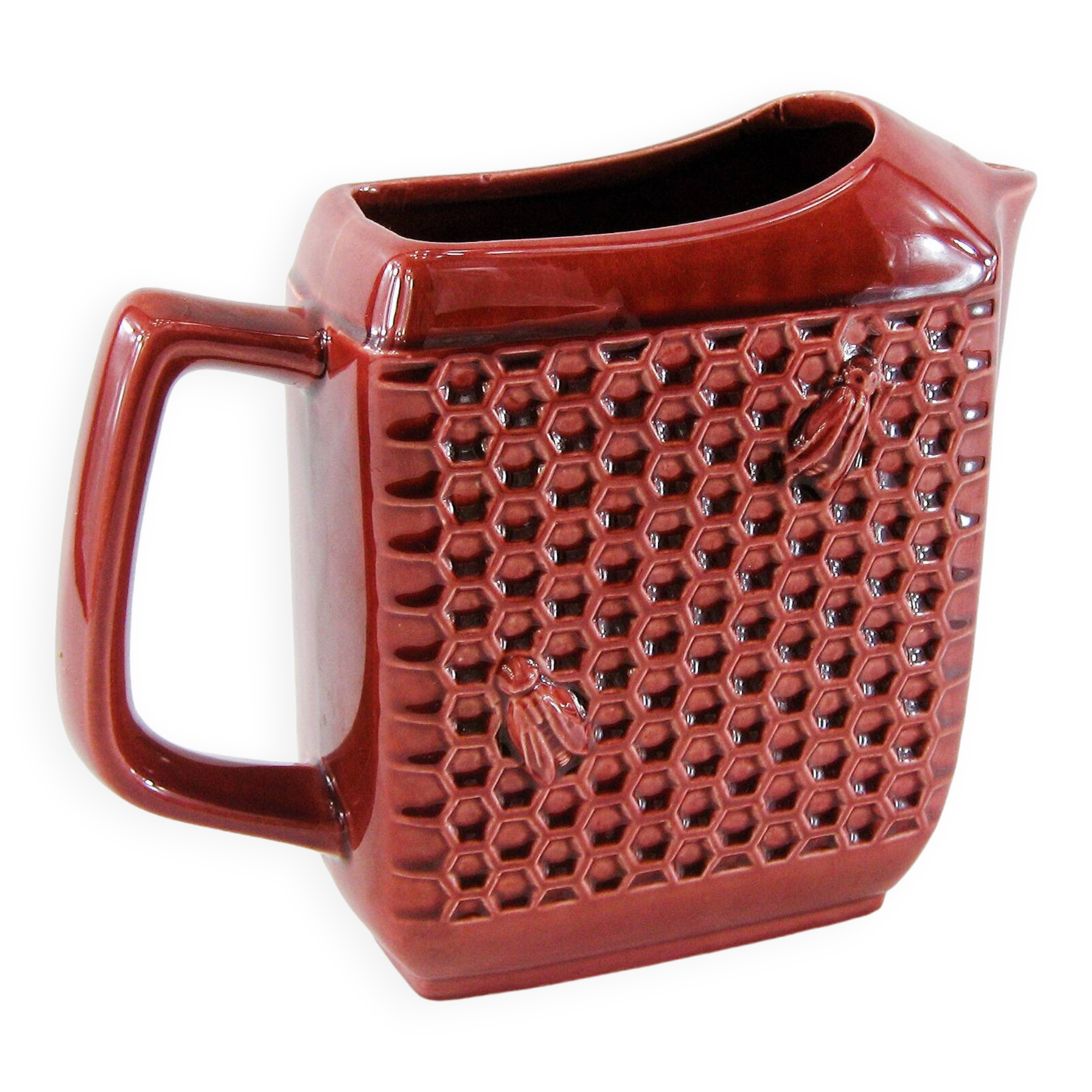 Red ceramic pitcher - bees and honeycombs decor - St Clément France - vintage 60s