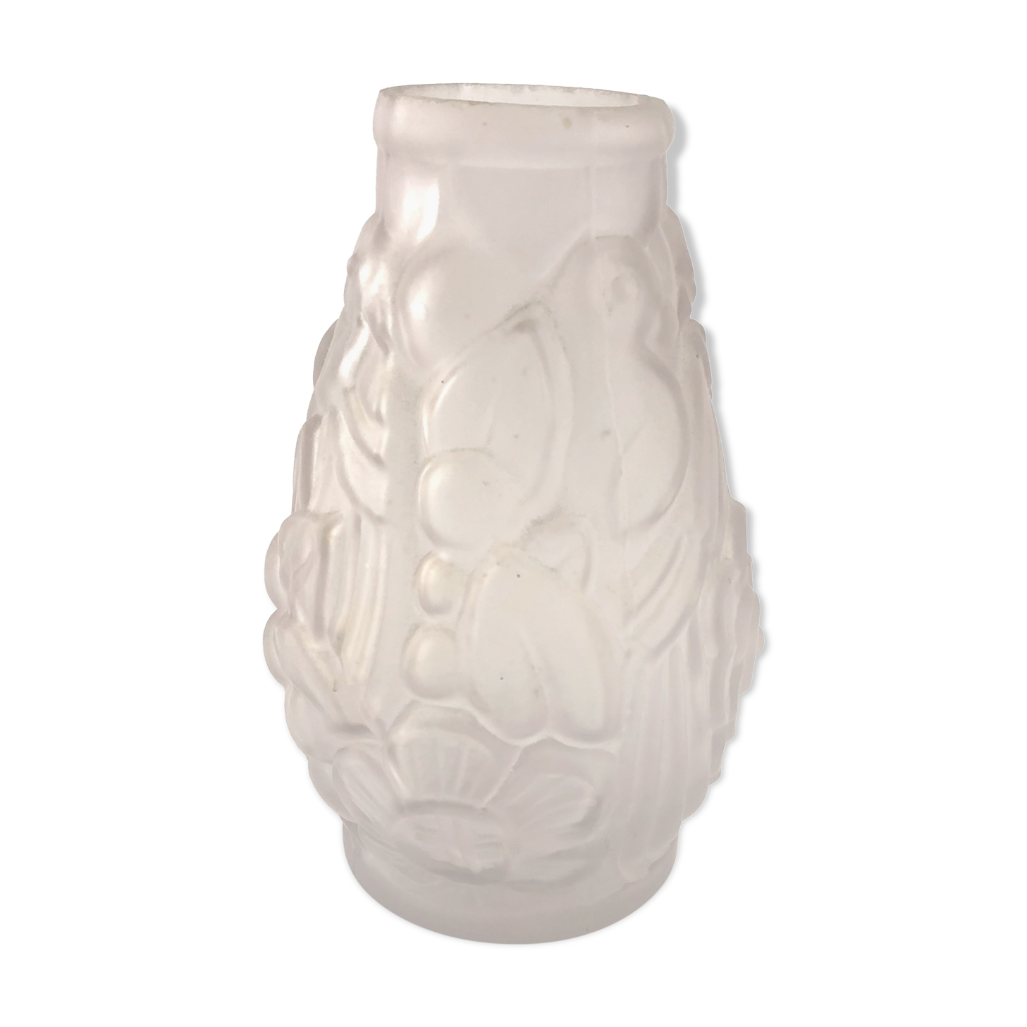 Art Deco vase in pink pressed glass with bird decoration