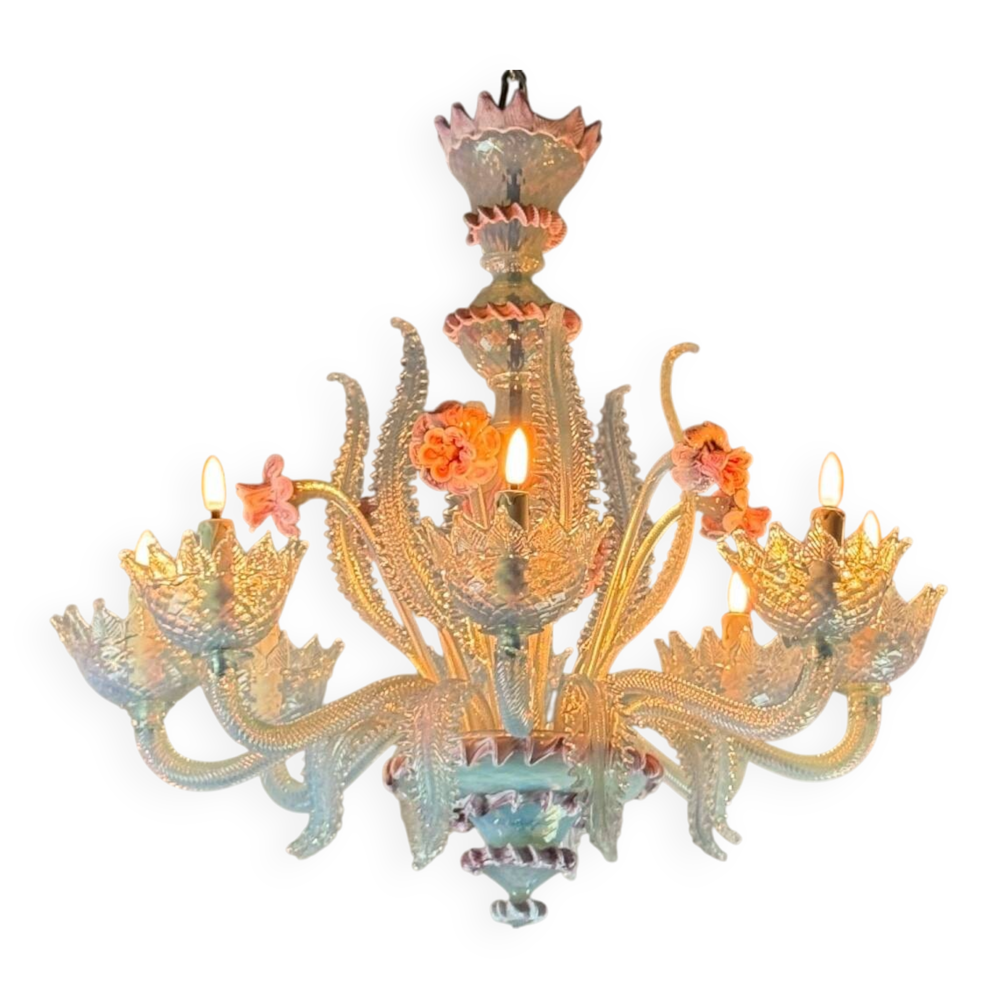 Venetian chandelier in blue and pink Murano glass, 8 light arms, circa 19