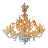 Lustre vénitien en verre de Murano bleu et rose, 8 bras de lumière, vers 19