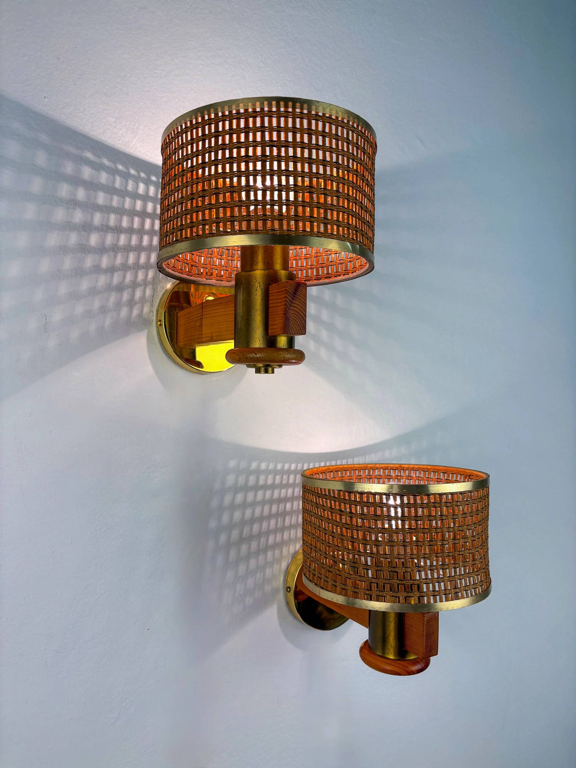 Pair of vintage rattan & wood wall sconces, Italy, 1970s