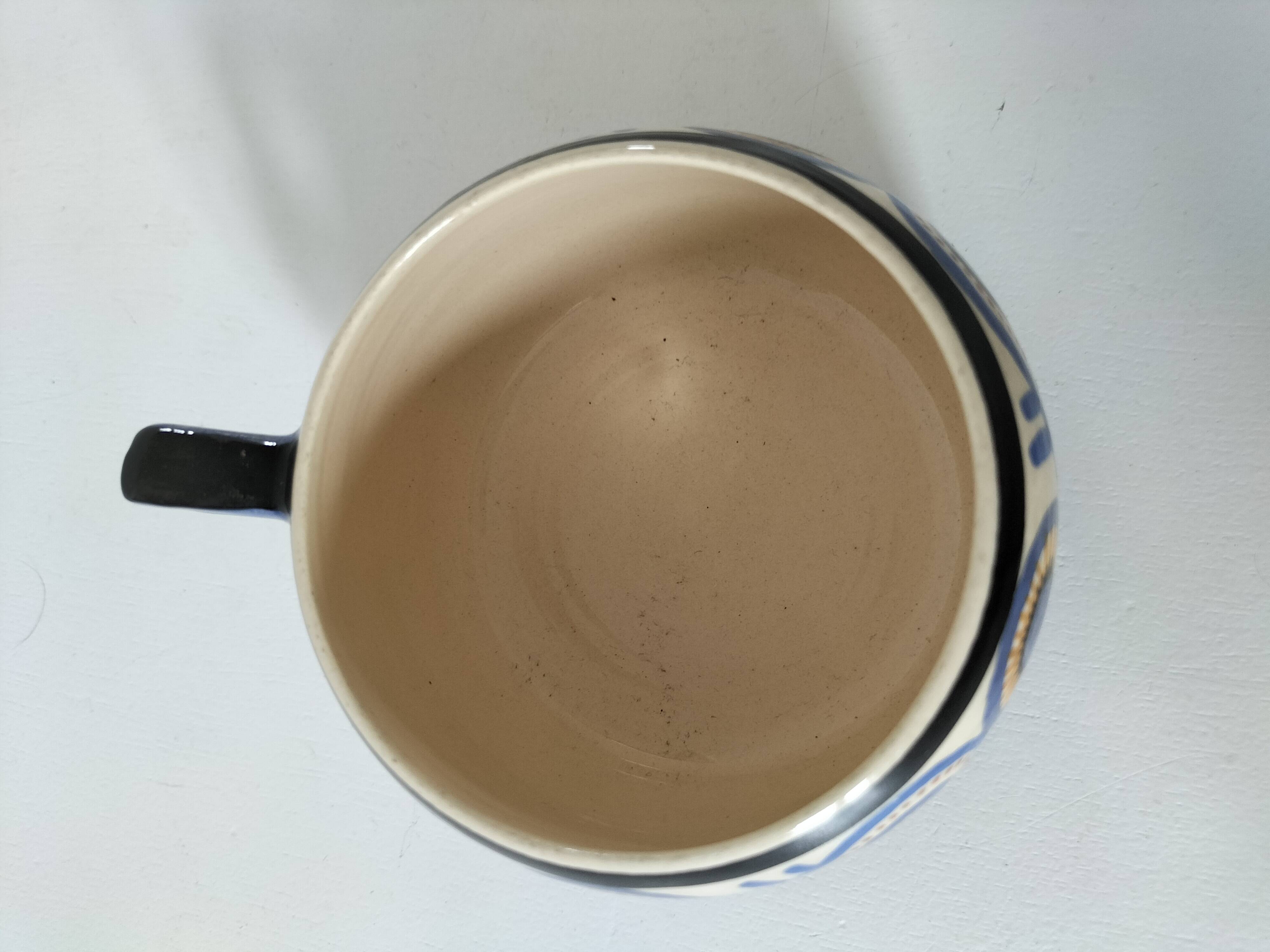 Quimper cup Paul Fouillen stylised decoration blue ochre circa 1940