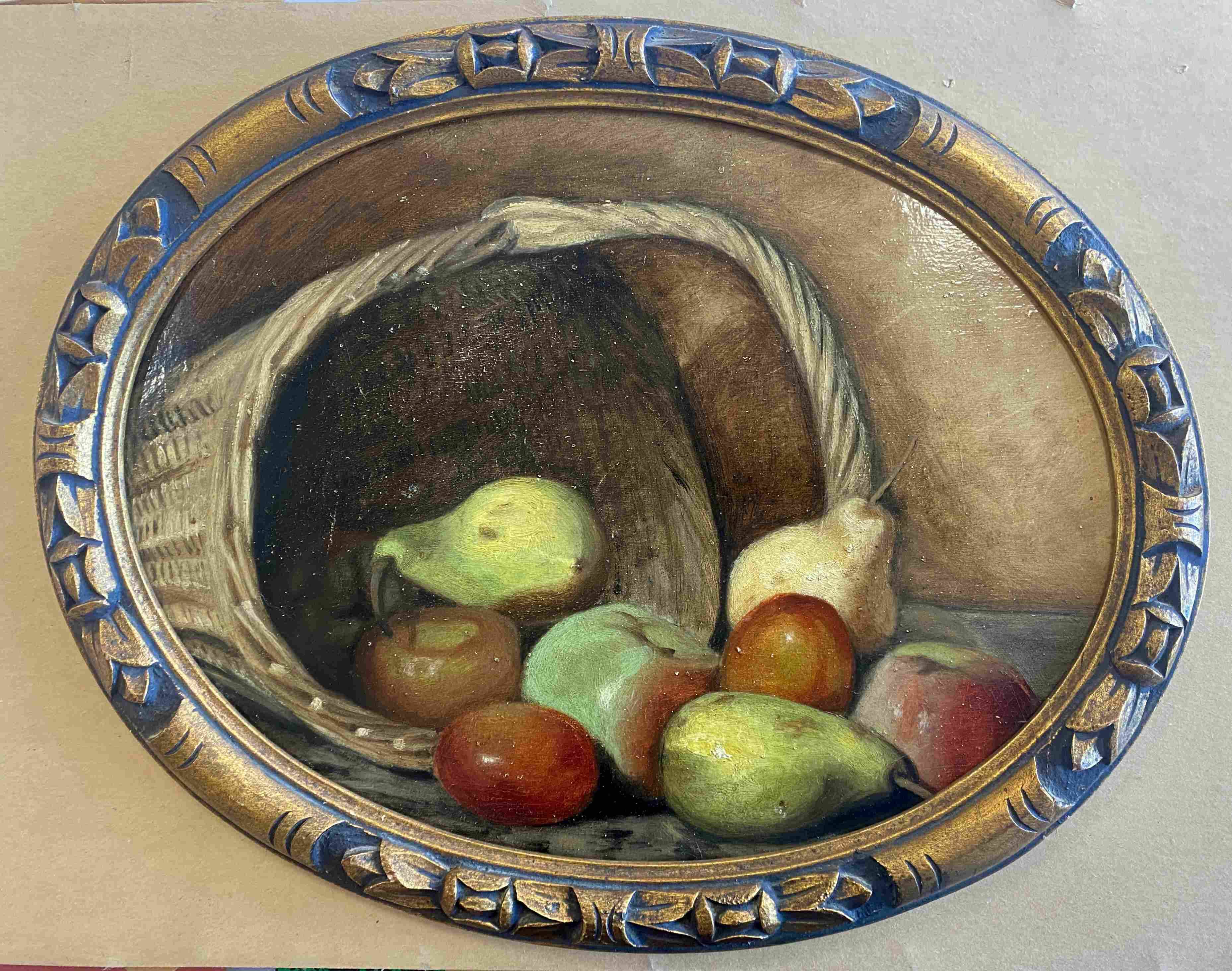 HSP painting oval view "Fruit basket" circa 1900 on SADO cigarette cardboard