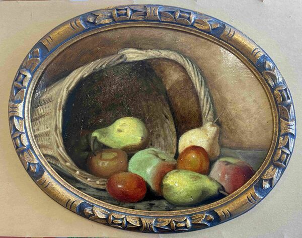 Tableau HSP vue ovale ''Panier de fruits'' vers 1900 sur carton cigarettes SADO