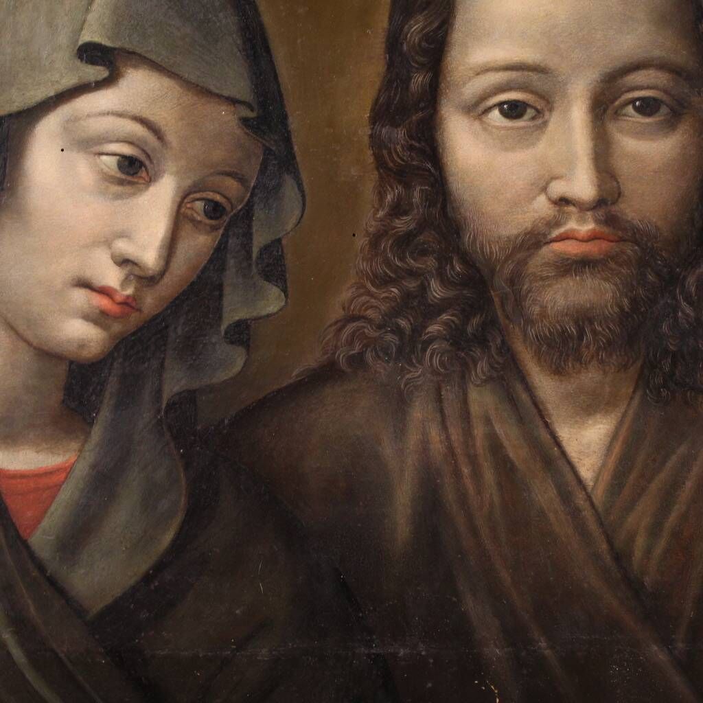 Antique French painting on panel, Christ and the Madonna from 18th century