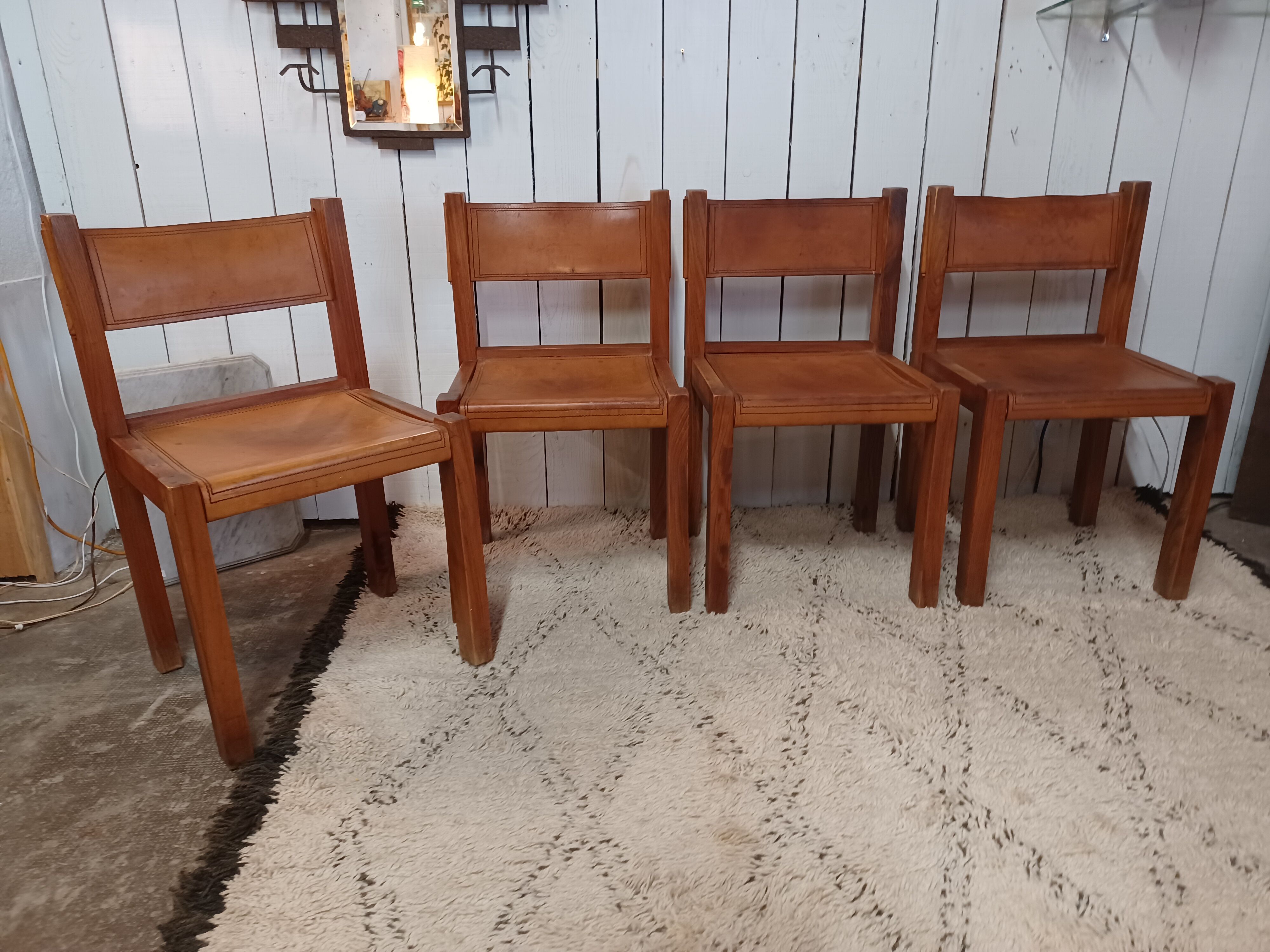 4 elm and leather chairs 1950