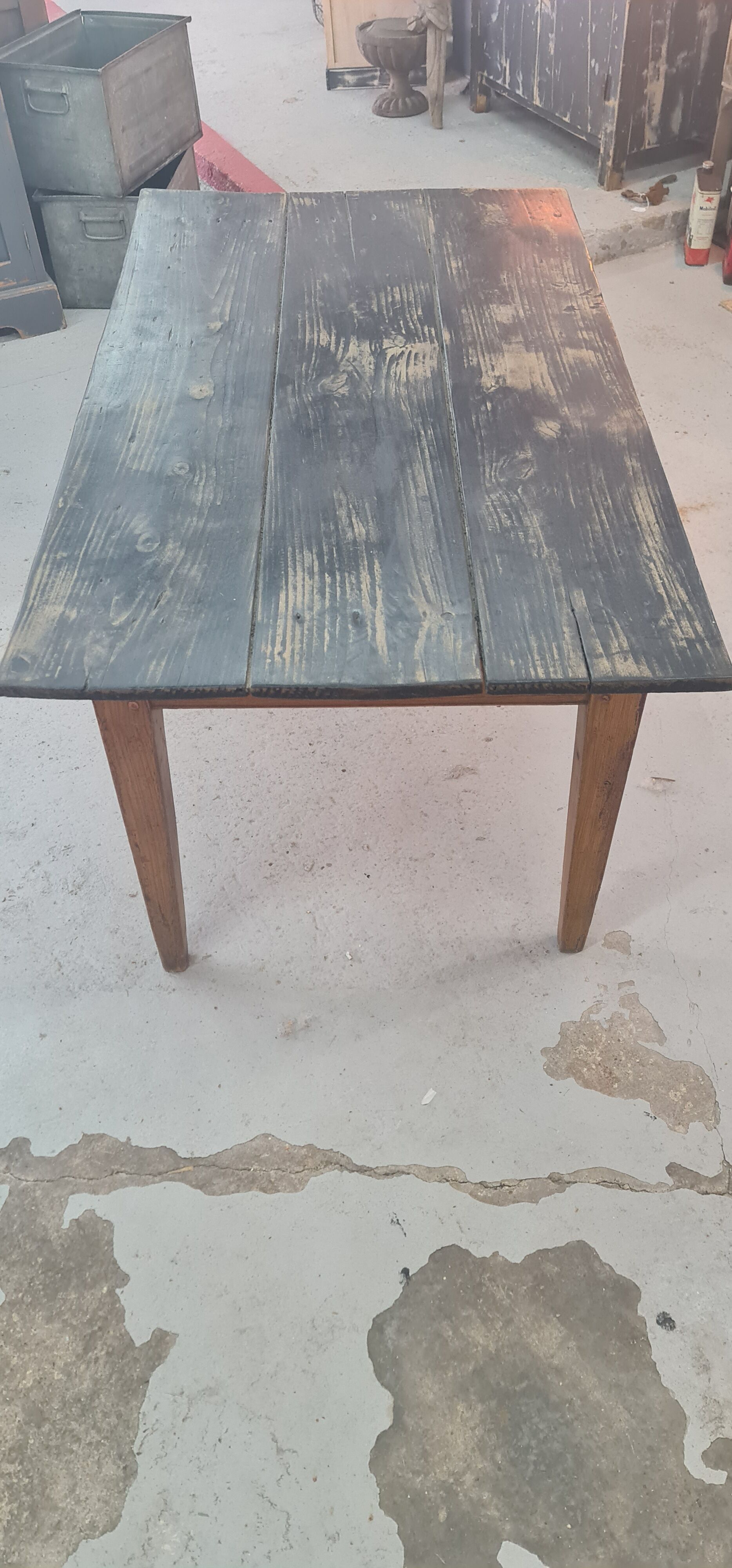 Old wooden table a drawer tray patina black waxed