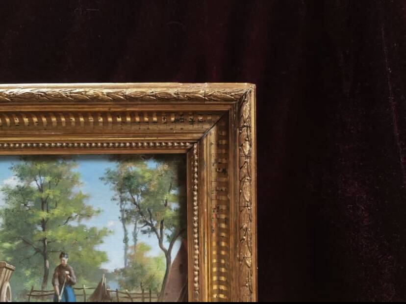 Antique oil painting, french barbizon school, wooden frame