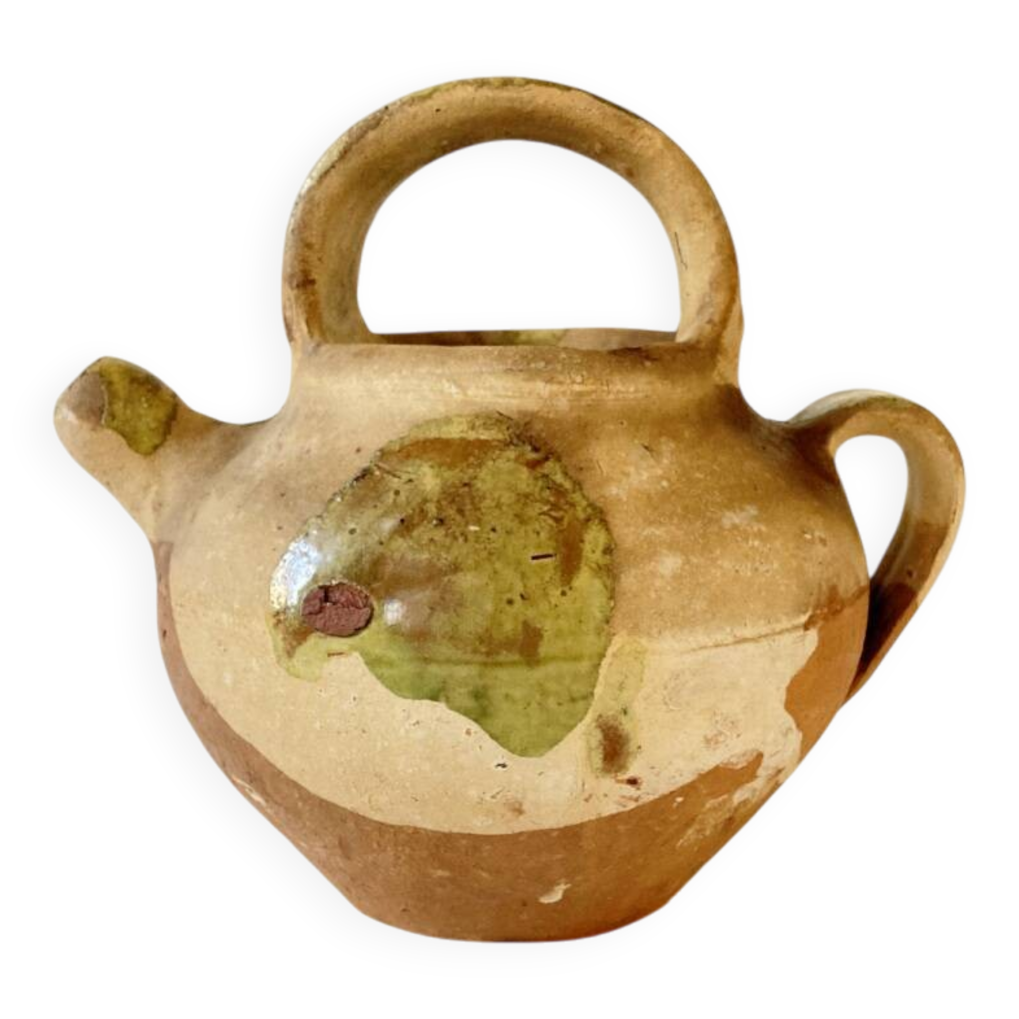 Small Provençal goat jug in creamy white and green enamelled stoneware