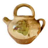 Petite cruche chevrette provençale en grès émaillé blanc crème et vert