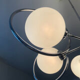 Art Deco chandelier with 6 lights in opaline glass and chrome metal.