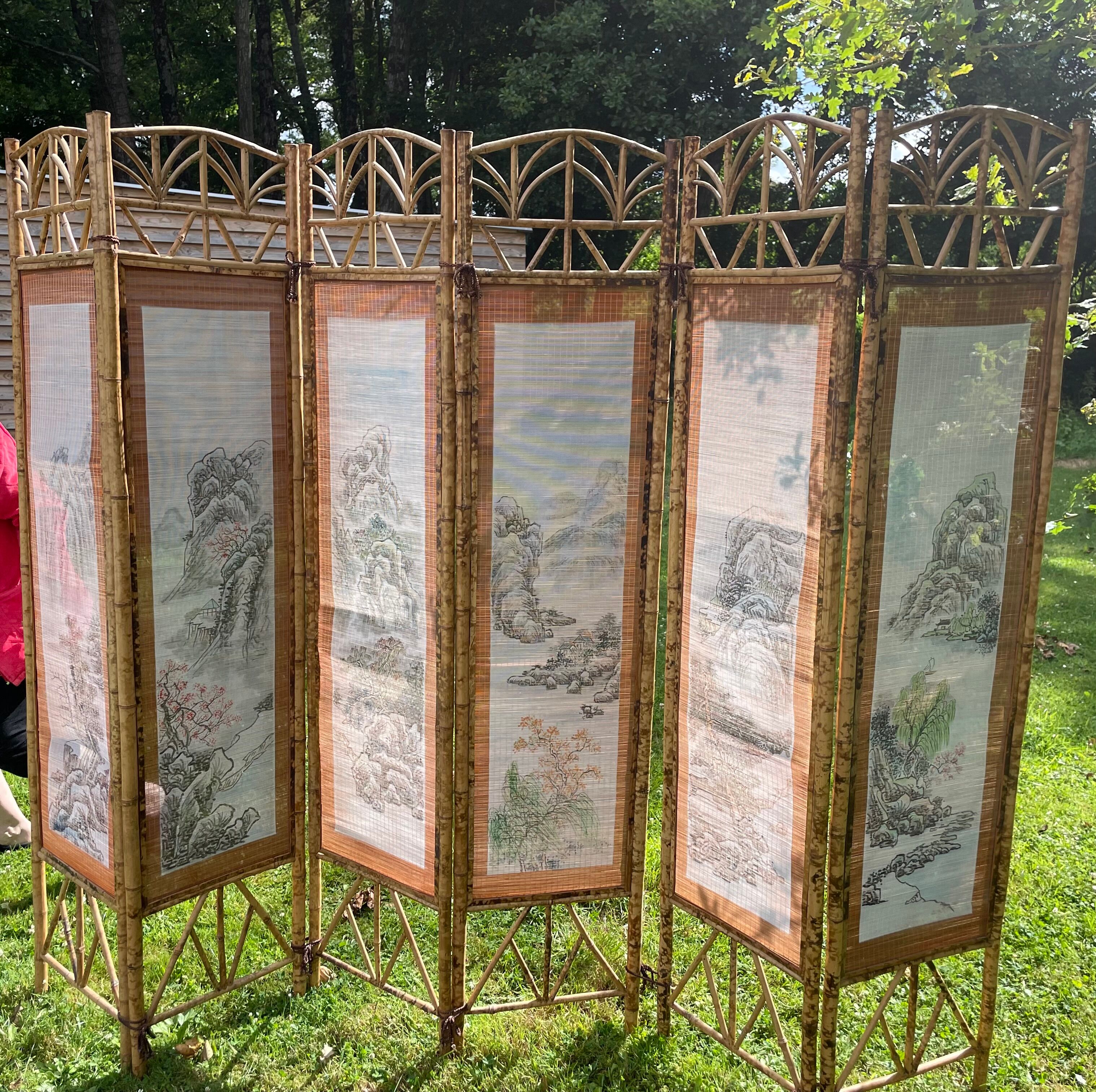 Vintage bamboo and rattan screen, 1970s