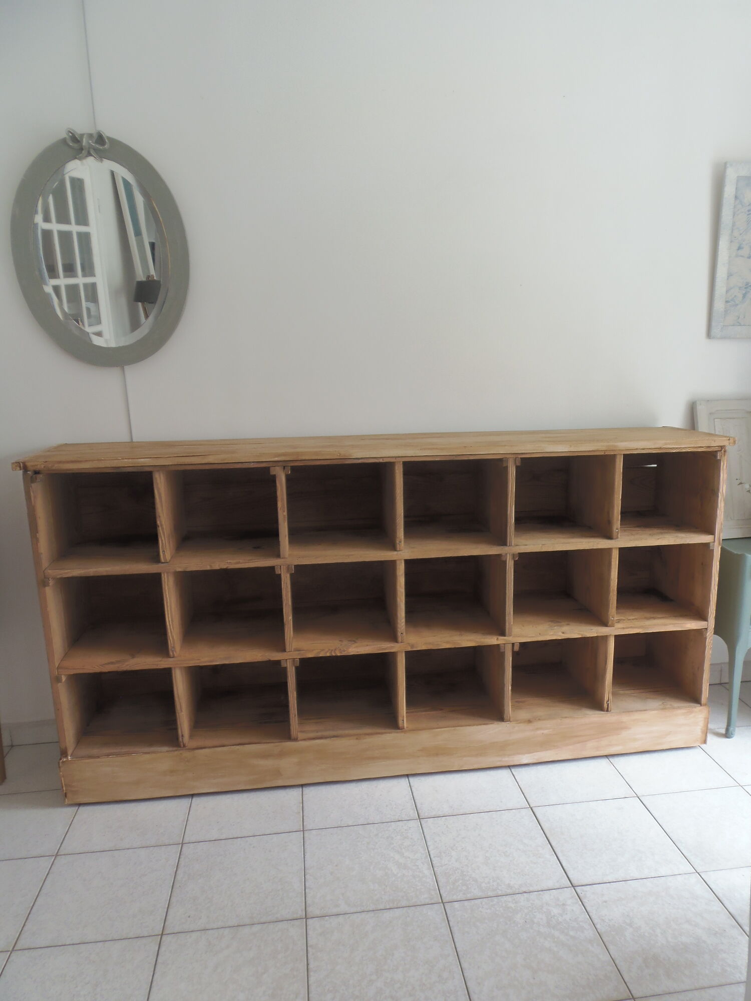 Vintage craft furniture on pitchpin wheels, 18 lockers.