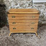Three-drawer rattan chest of drawers with pretty brass details - 1950 - in the style of Louis Sognot