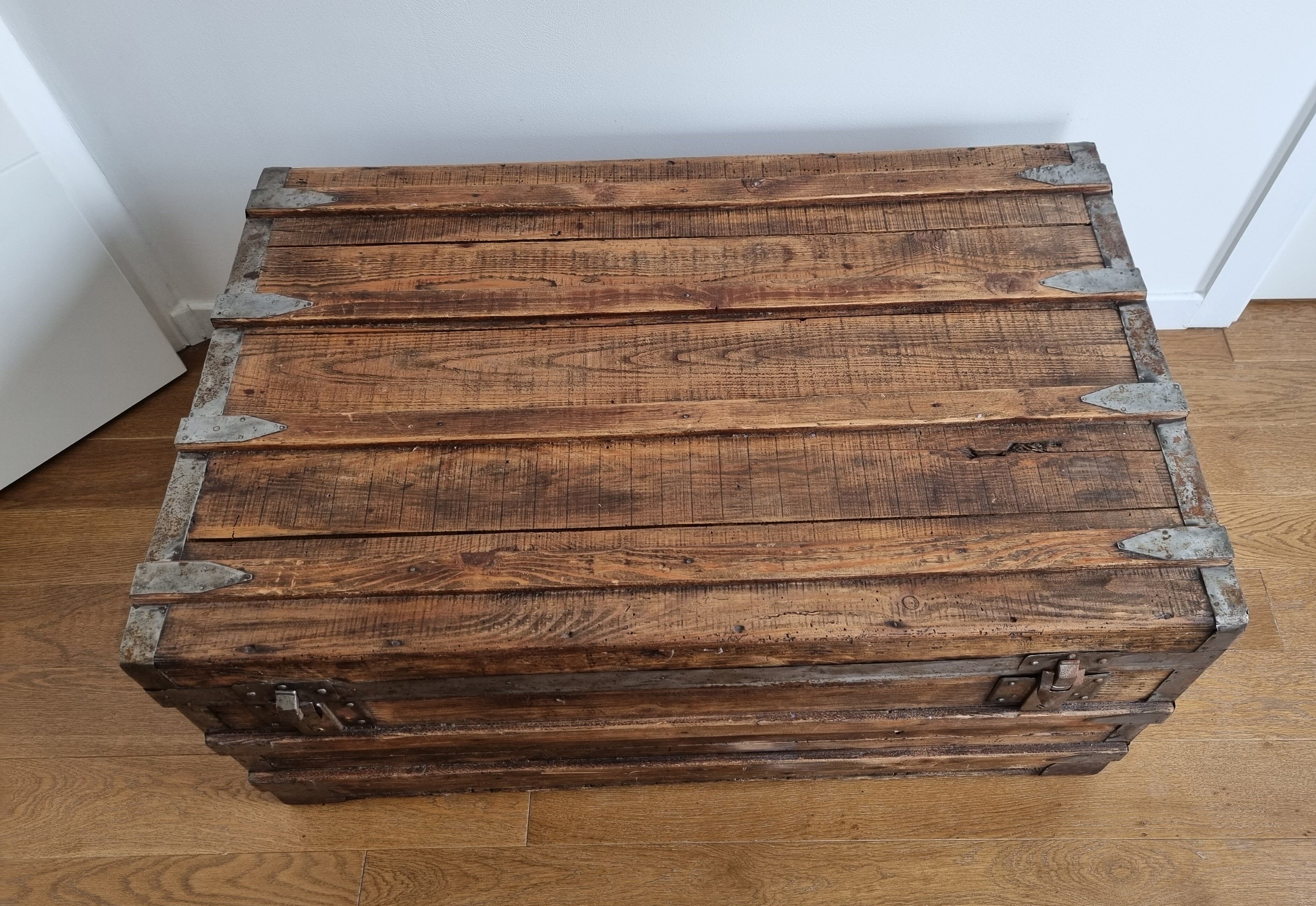 Large-scale marine style decorative wooden trunk with interior upholstery