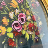 Peinture de la composition florale dans un cadre ovale en bois doré mesures 29 cm x 23 cm verre CONVEXE