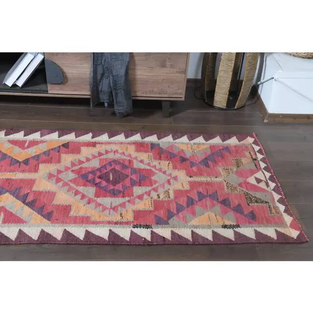 1970s Turkish Oushak Handmade Wool Cotton Pink Runner Rug 95x333
