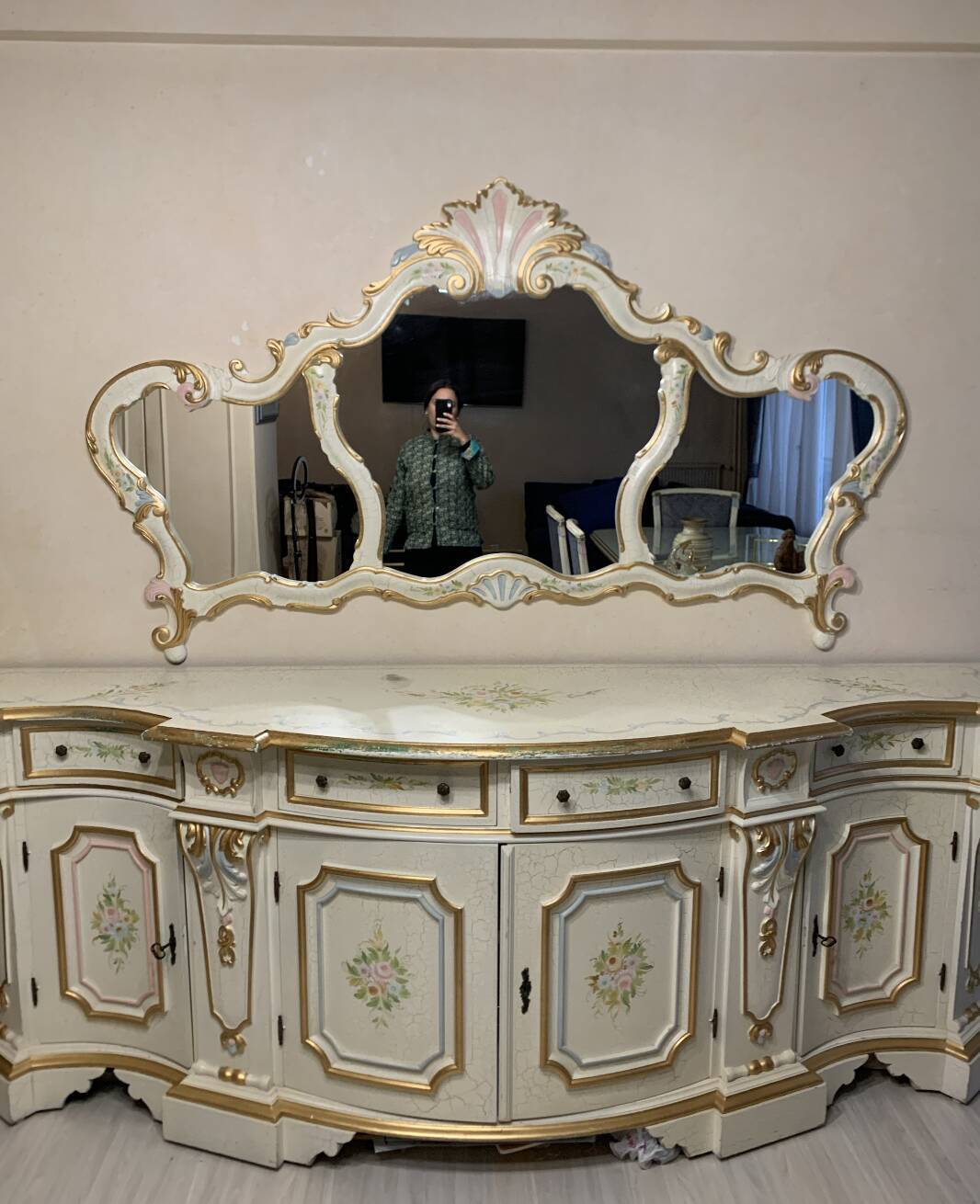 Rococo style white wooden sideboard