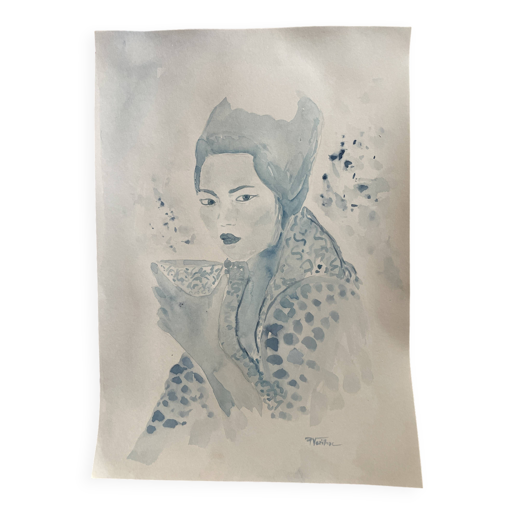 Signed blue watercolor painting “Geisha Tea Time” Japan