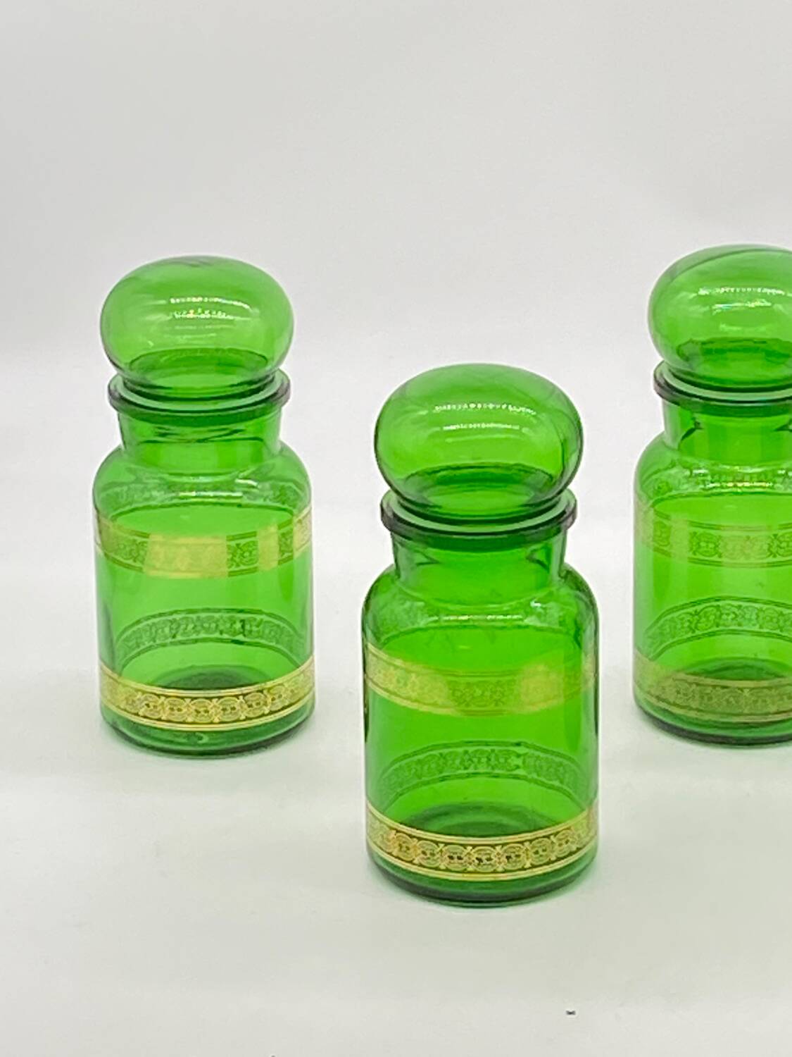 Series of 4 vintage green glass jars, Belgium,