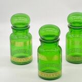 Series of 4 vintage green glass jars, Belgium,