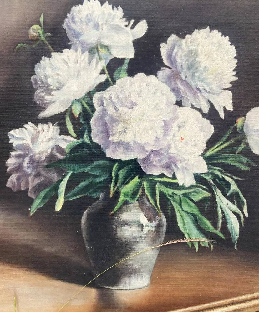 Tableau Ancien -peinture à l’huile - les Pivoines Blanches