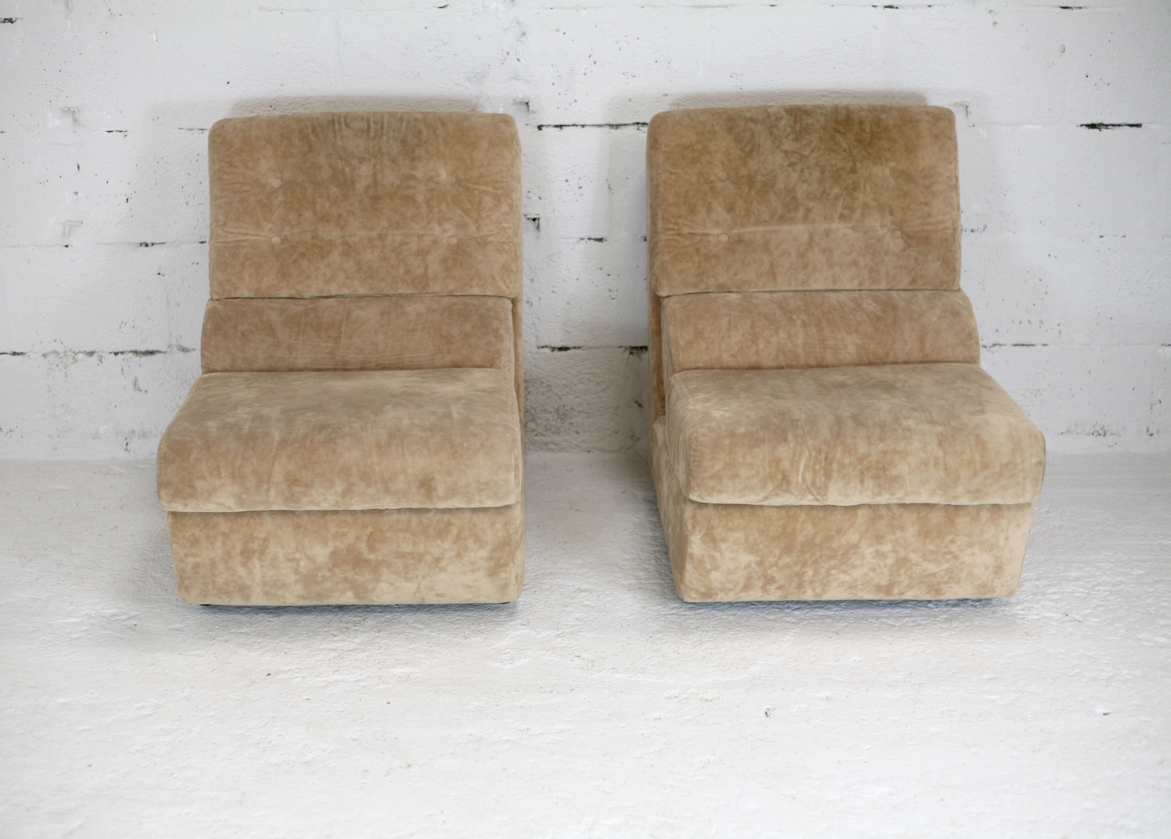 Pair of armchairs "Space Age", foam and velvet "honey", France, circa 1970