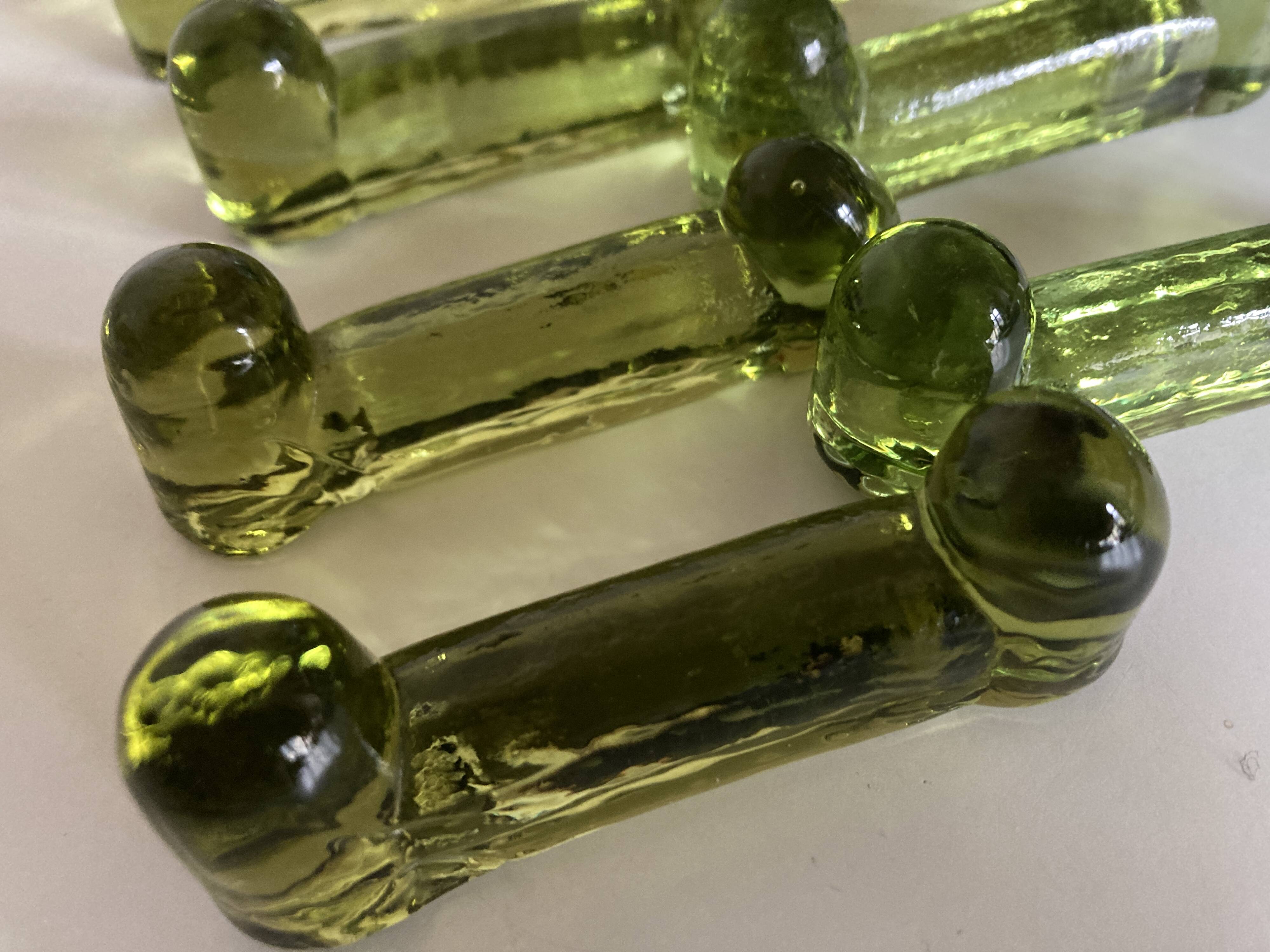 Set of 7 peridot green Biot glass knife holders 1970