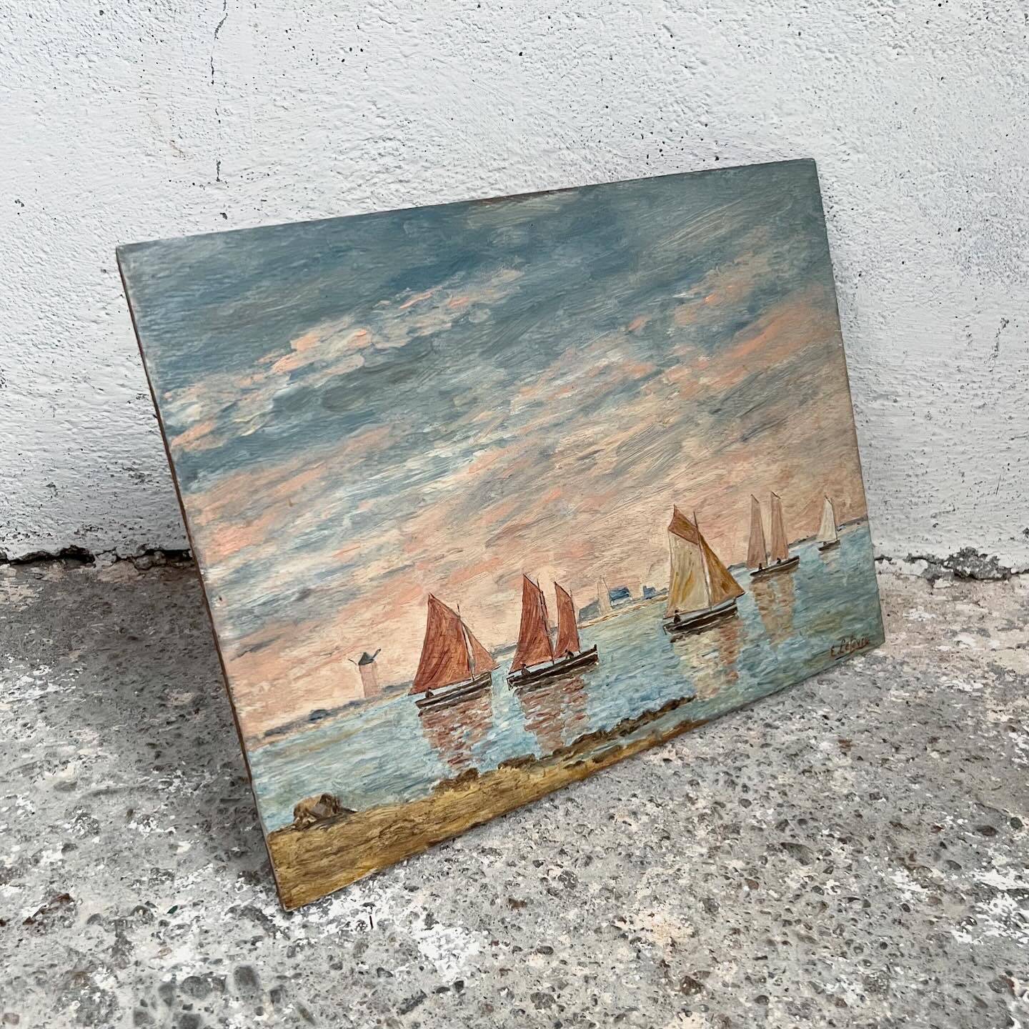 Old marine painting seaside mill Brittany