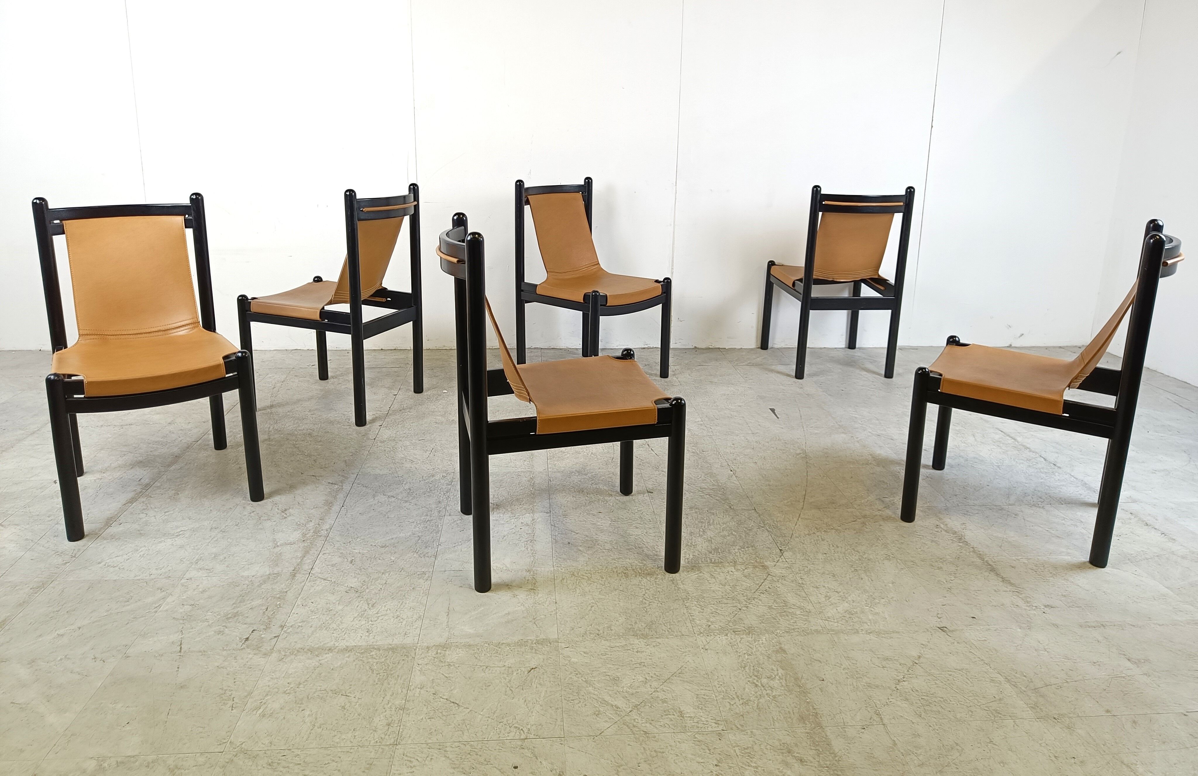 Vintage italian sling leather dining chairs, 1960s