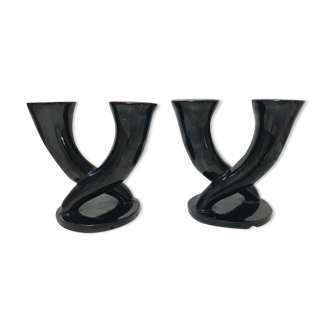 Pair of ceramic candle holders by lacheny pottery in St Amand.