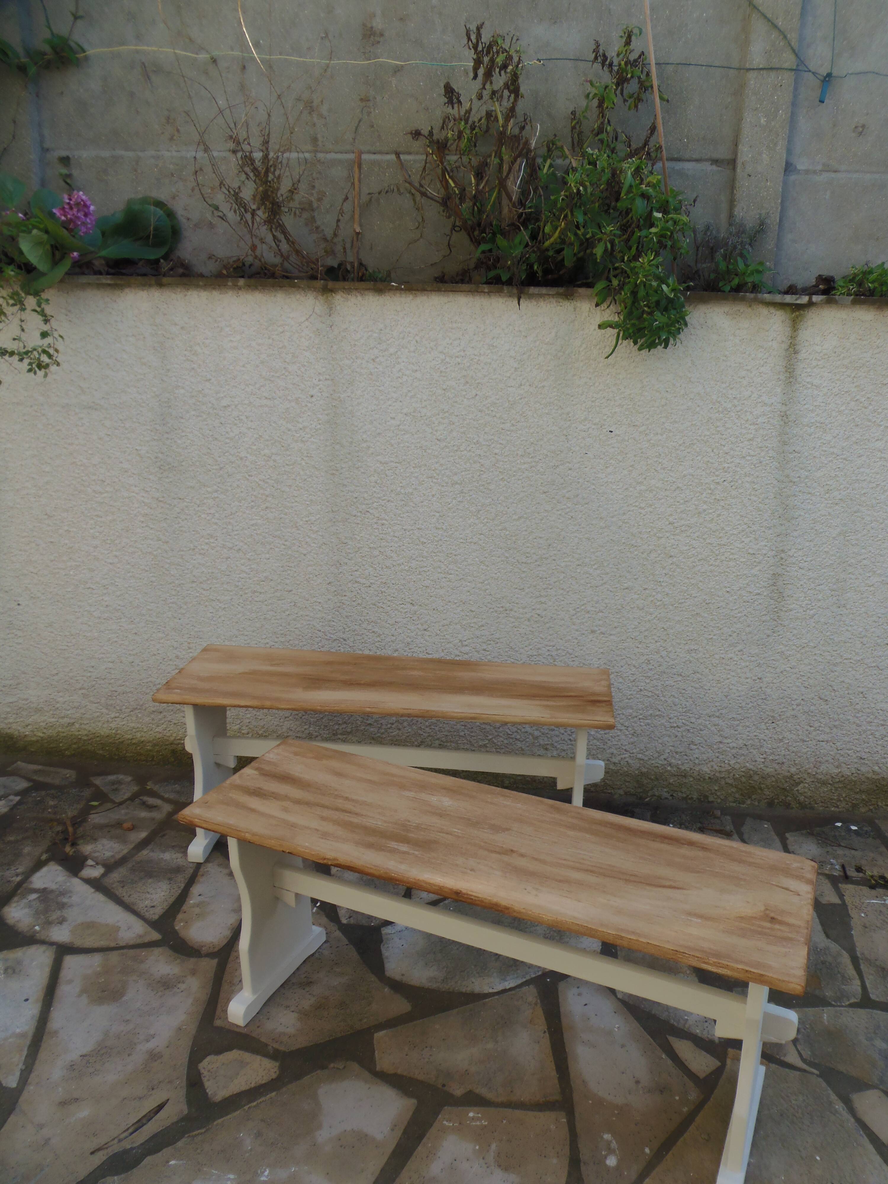 2 re-enchanted benches in beige with a waxed finish, medium oak waxed seat.