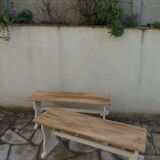 2 re-enchanted benches in beige with a waxed finish, medium oak waxed seat.