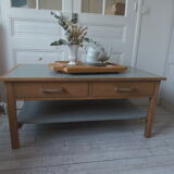 Coffee table made from a desk of the 40s, tray and green shelf