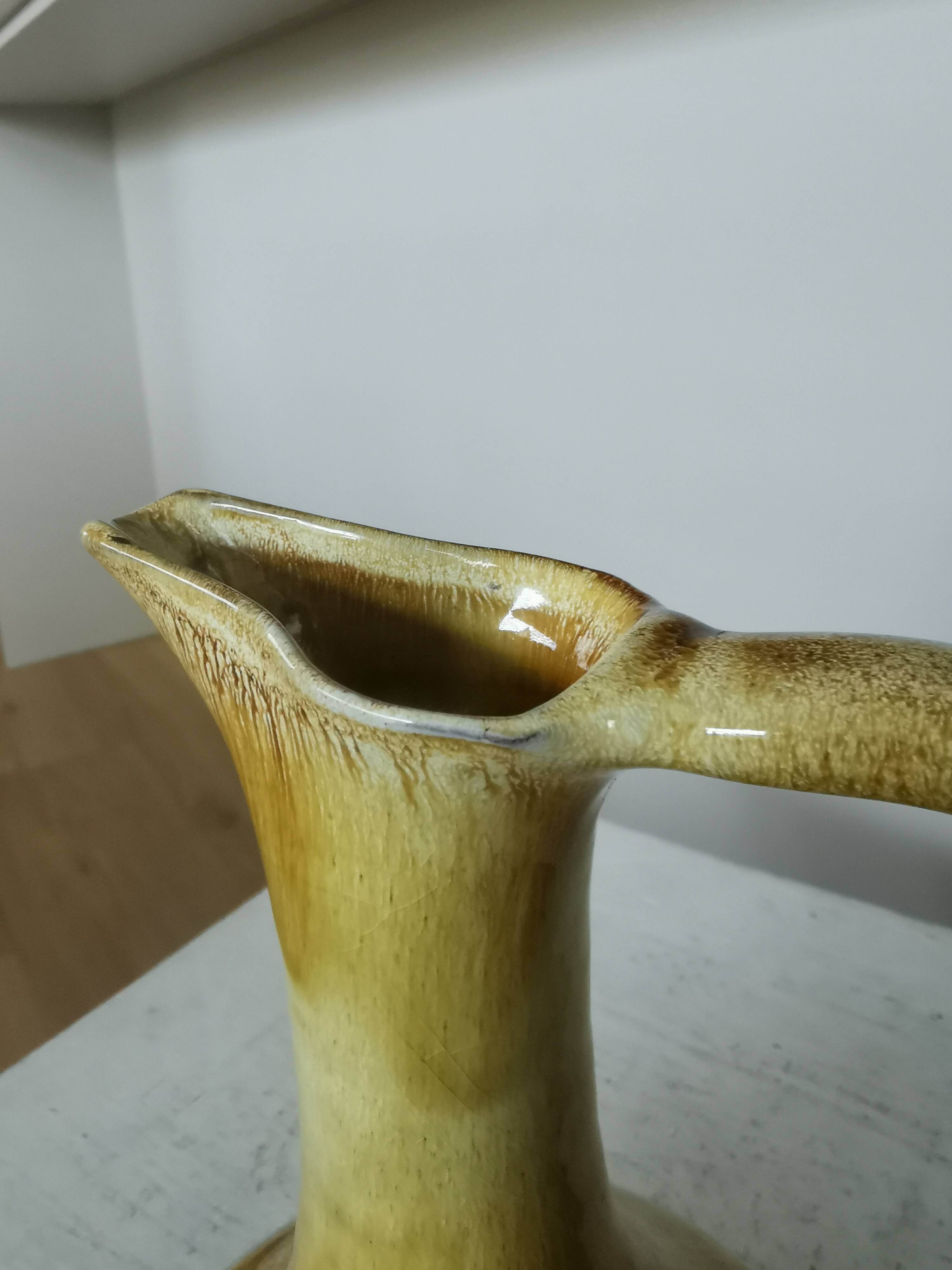 Handmade Ceramic Pitcher: 1970s LKC Pottery, Yellow Brown Glaze