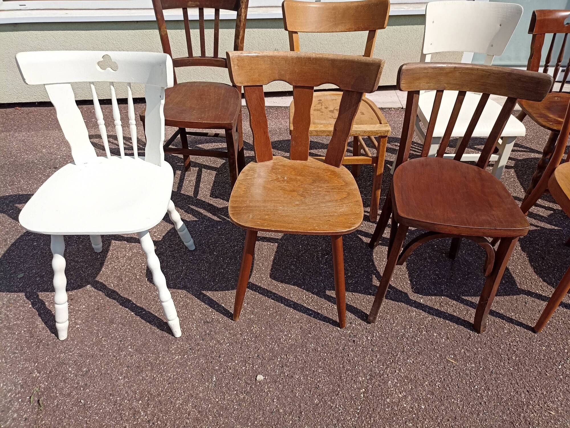 Set of 18 mismatched wooden bistro chairs - vintage