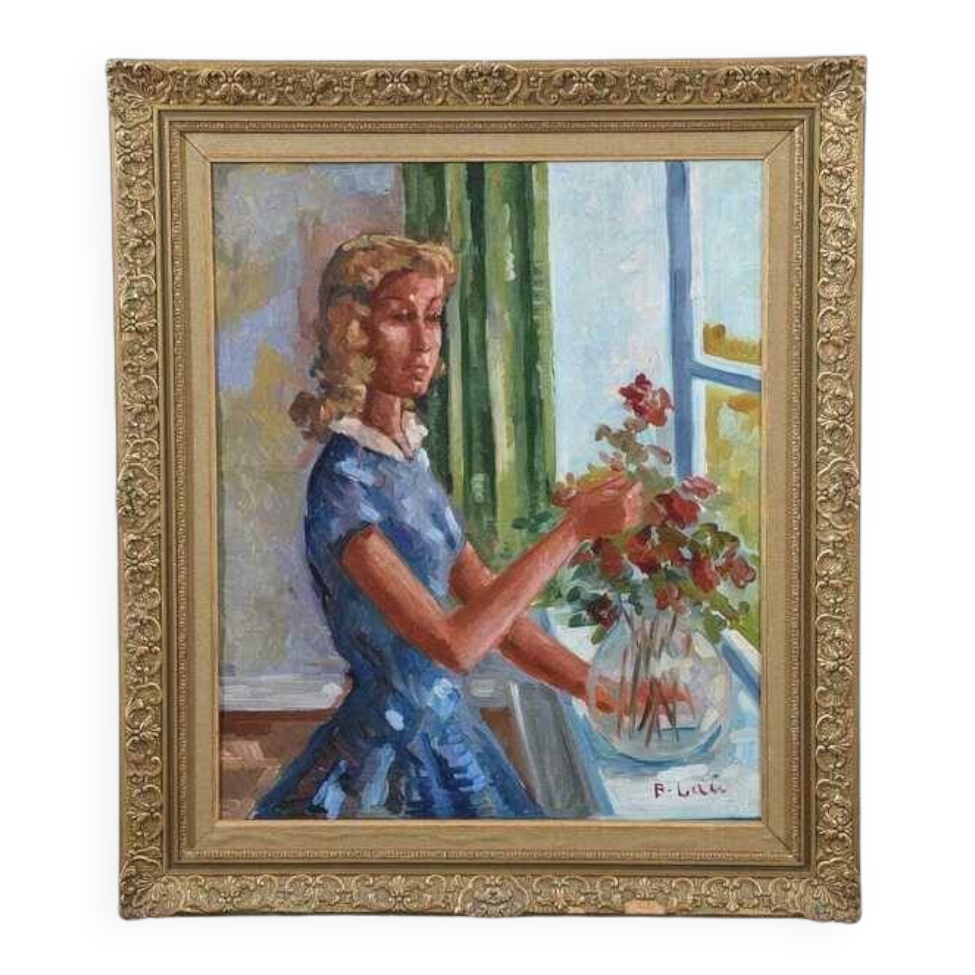 Original Swedish oil on canvas – “Woman with Flowers” by Bendt Lauritzen – signed, framed 82 × 72 cm (32.3" × 28.3")
