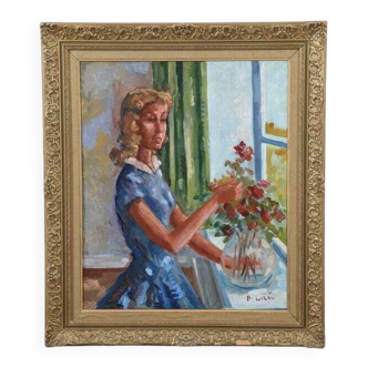 Original Swedish oil on canvas – “Woman with Flowers” by Bendt Lauritzen – signed, framed 82 × 72 cm (32.3" × 28.3")