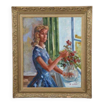 Original Swedish oil on canvas – “Woman with Flowers” by Bendt Lauritzen – signed, framed 82 × 72 cm (32.3" × 28.3")