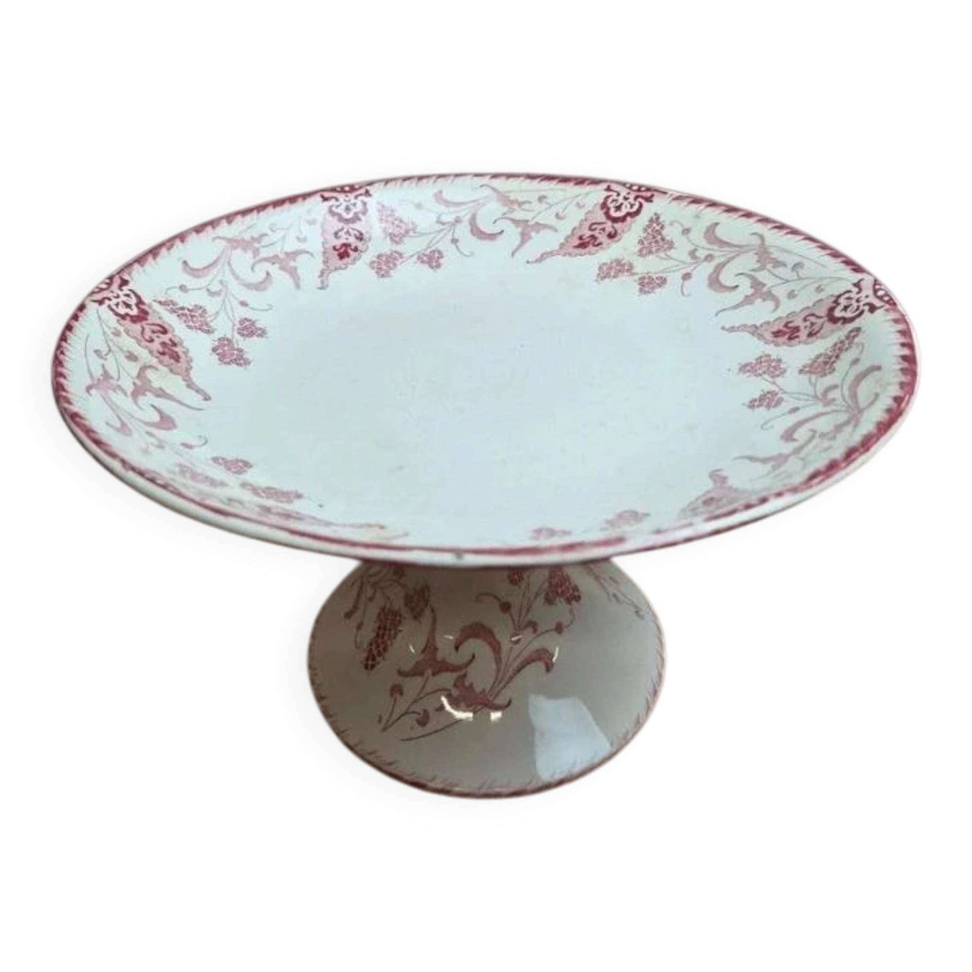 Antique compote dish Terre de fer Longwy Rambouillet model – burgundy decoration