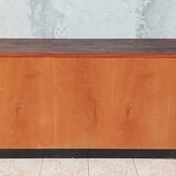 Workshop furniture with drawers and curtain in beech and walnut.