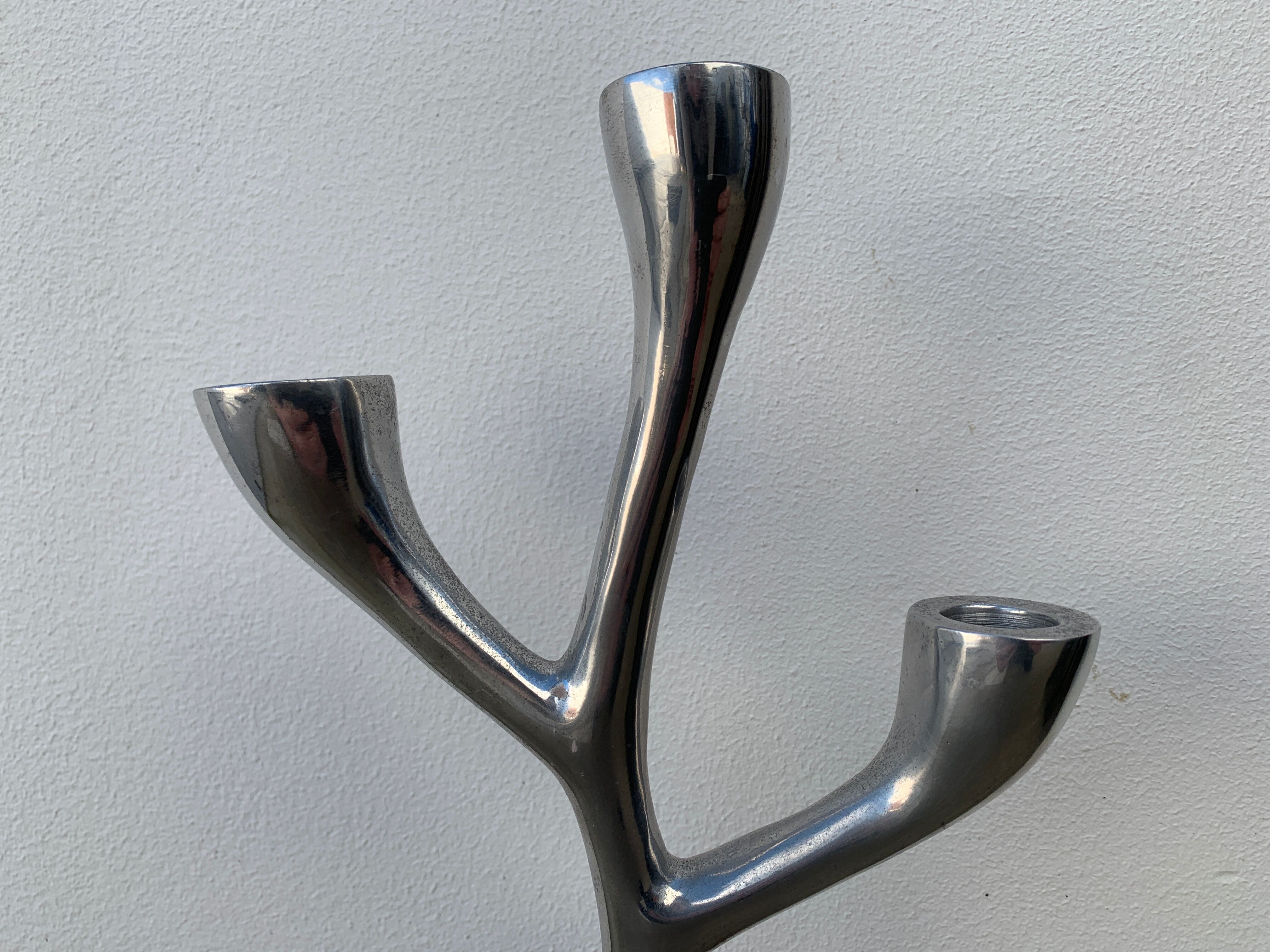 Organic candle holder in brushed aluminum, 3 branches, 1970