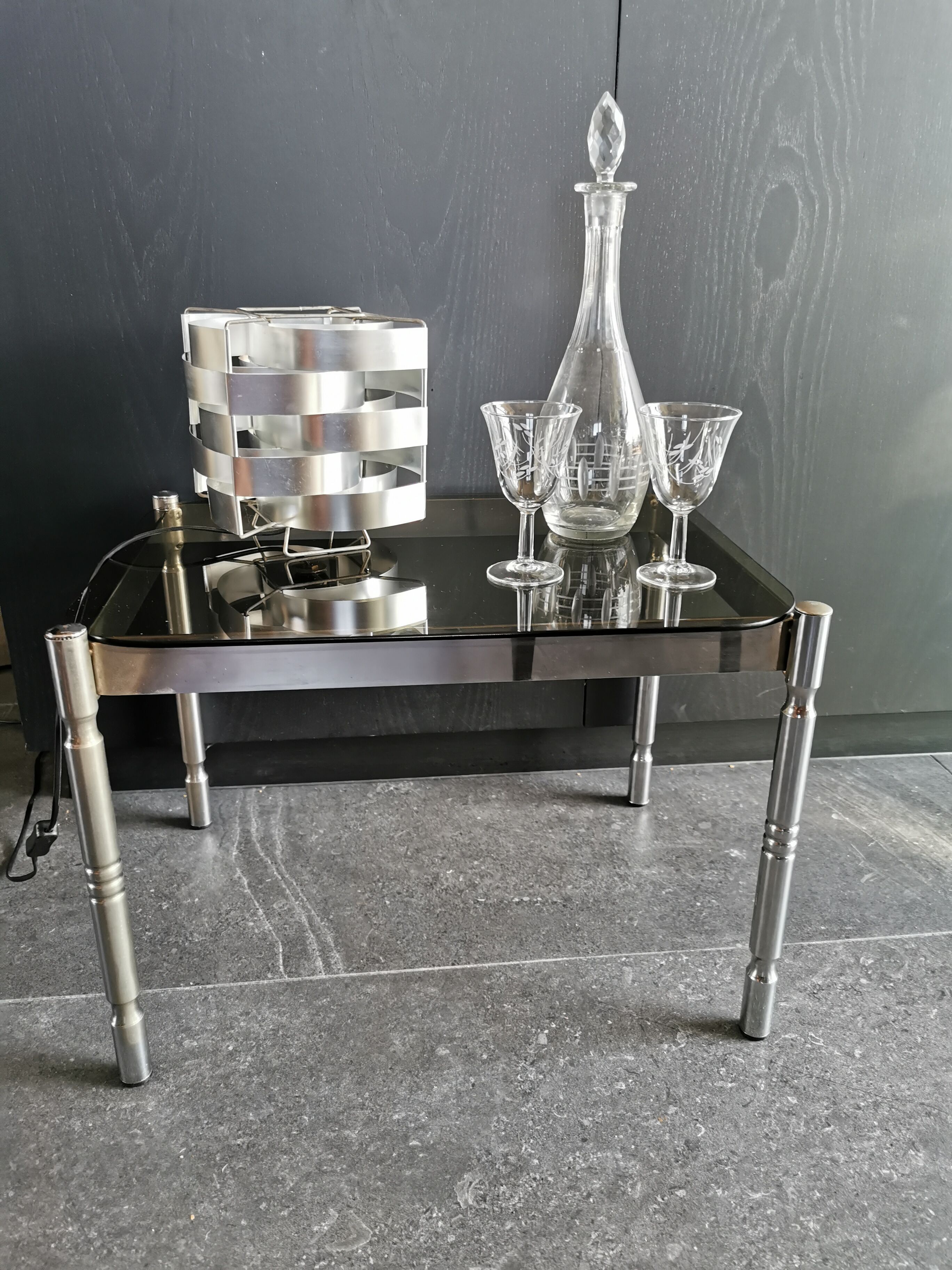 Vintage coffee table in chrome metal and smoked glass