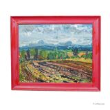 Oil painting by Alexander Michael depicting a landscape with a field, 1975.