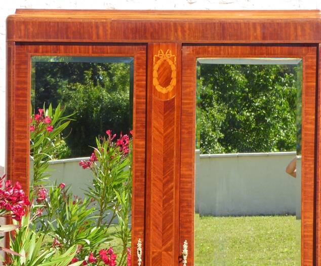Old wardrobe with marquetry 2 mirror doors