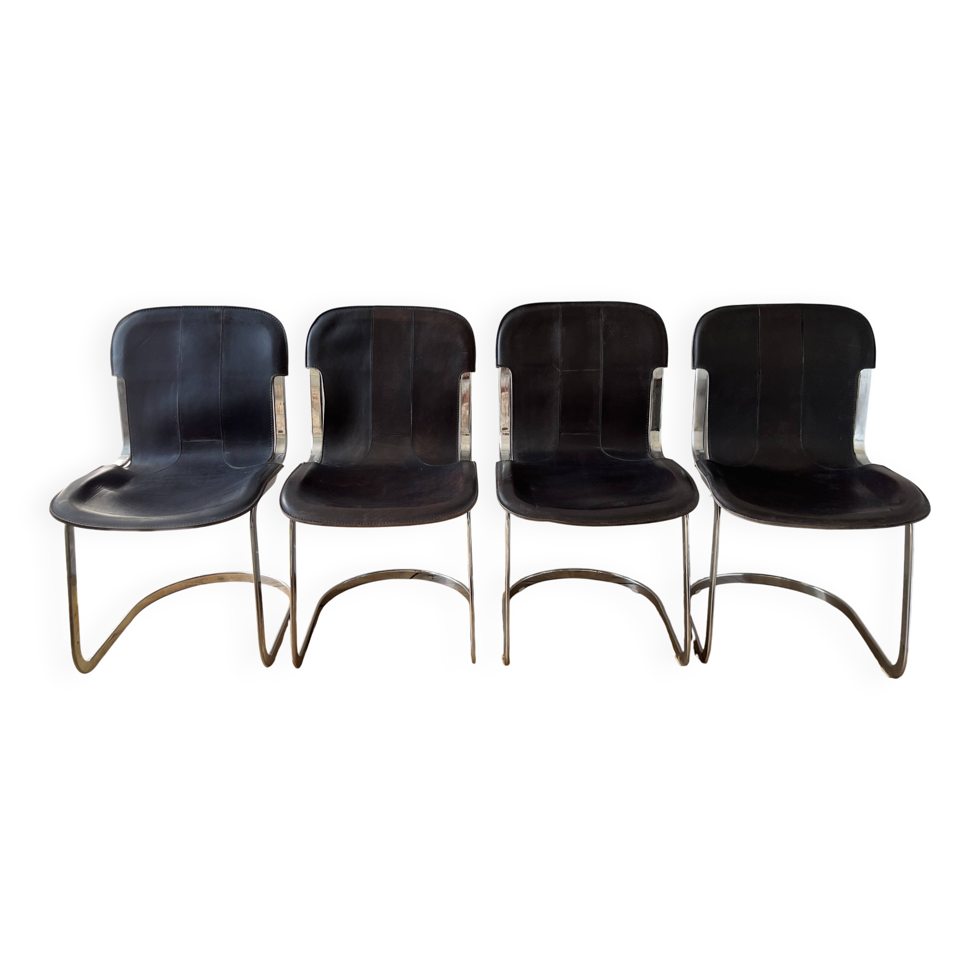 4 c2 chairs by cidue italy, in chrome metal and dark brown leather. 1970s.